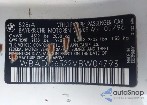 1997 BMW 528I from USA, damaged, VIN WBADD6322VBW04793